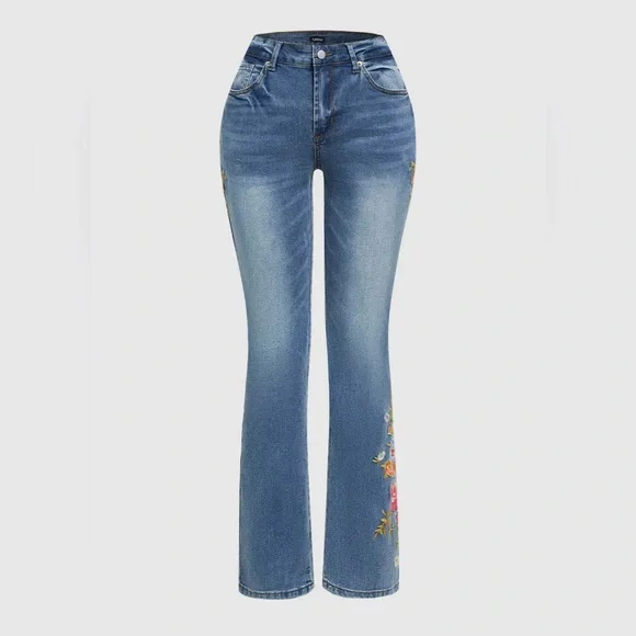 Flamingals Floral Embroidery Mid Waist High Stretch Bootcut Jeans with Pockets - Picture 3 of 7